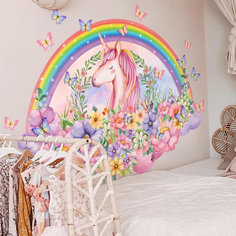 5pcs set Unicorn Rainbow Floral Pattern Wall Sticker, Decorative Sticker For Kids Room Bedroom Living Room, Mean Girls Decorations