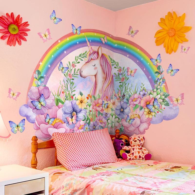 5pcs set Unicorn Rainbow Floral Pattern Wall Sticker, Decorative Sticker For Kids Room Bedroom Living Room, Mean Girls Decorations