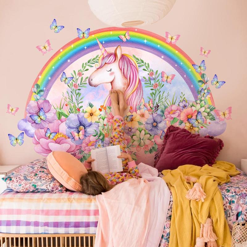 5pcs set Unicorn Rainbow Floral Pattern Wall Sticker, Decorative Sticker For Kids Room Bedroom Living Room, Mean Girls Decorations