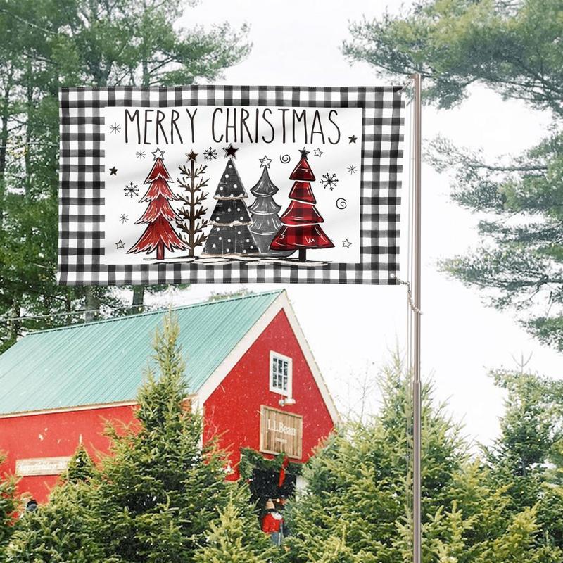 Merry Christmas Tree Flag 3x5 FT Double Sided, Rustic Buffalo Plaid Large House Yard Outdoor Decorative Flag