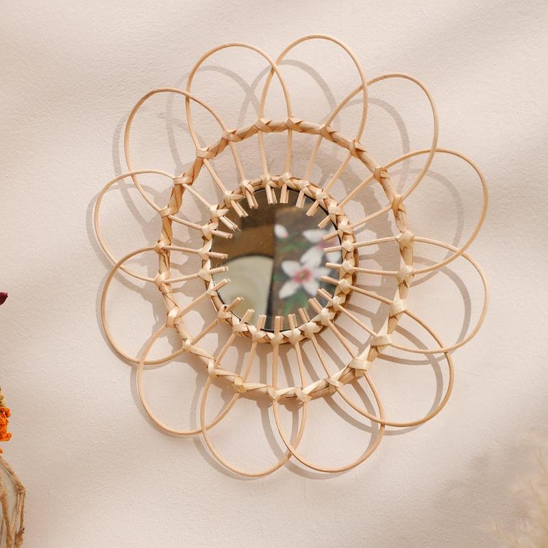 Sunflower Design Wall Mirror, Hollow Out Design Wall Mirror, Handmade Rattan Decorative Mirror, Wall Hanging Mirror for Home Living Room Bedroom