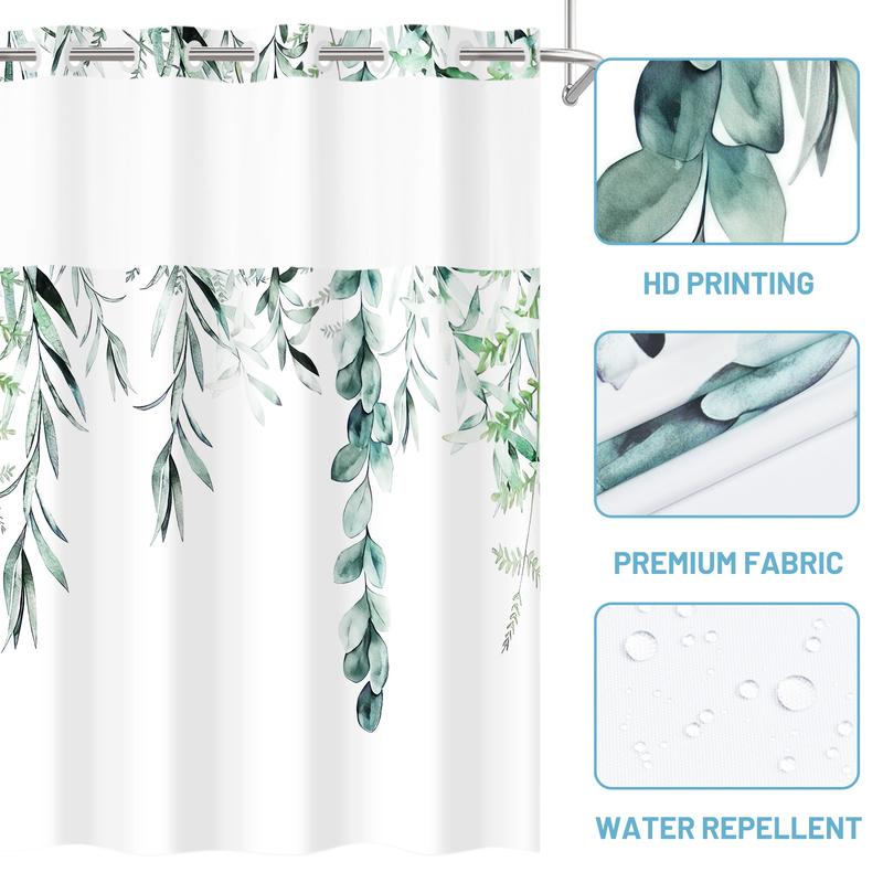 PUNKRAY No Hook Shower Curtain with Snap in Liner - Fabric Waterproof Inner Liner, Plants Watercolor Eucalyptus Leaves Farmhouse Cloth Shower Curtains - Machine Washable, 71 x 74 Inch   71 x 86 Inch