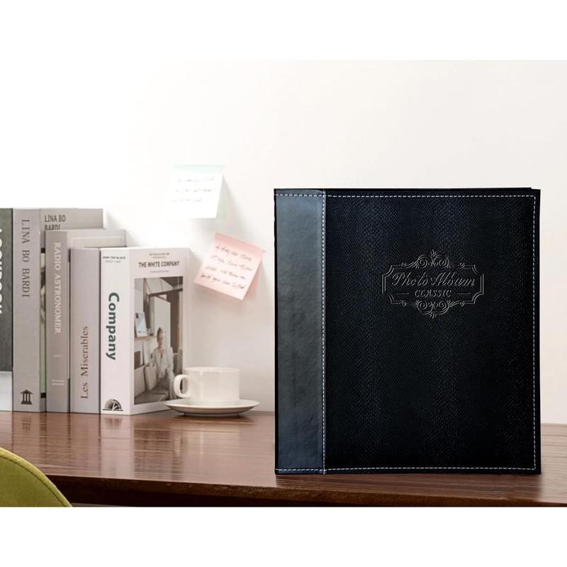 Photo Album Can Hold 3X5, 4X6, 5X7, 6X8, 8X10 Photos, Leather Cover,  Self-Stick Page, Hand Made DIY Albums (Black, Large)