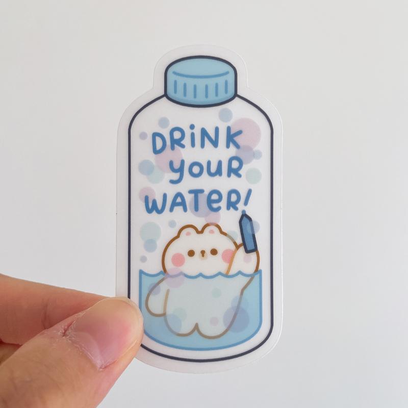 Drink Your Water Rice the Bear Heavy Duty Waterproof Clear Vinyl Sticker