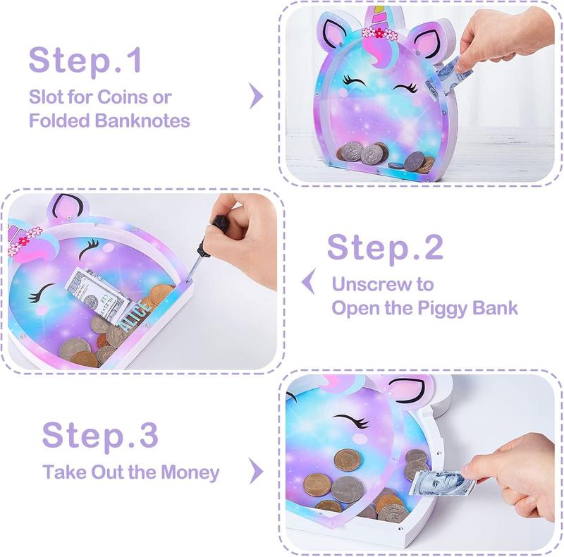 Piggy Bank for  Girls Customize Name  Bank Unicorn Money Bank for Girls, Transparent Piggy Banks for Girls with Letter Stickers