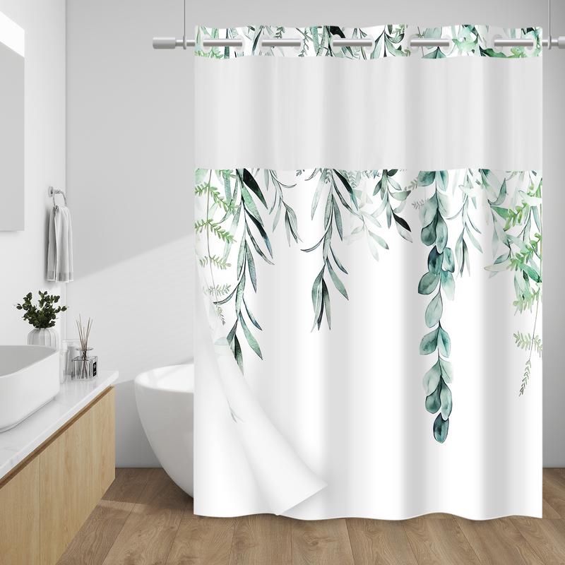 PUNKRAY No Hook Shower Curtain with Snap in Liner - Fabric Waterproof Inner Liner, Plants Watercolor Eucalyptus Leaves Farmhouse Cloth Shower Curtains - Machine Washable, 71 x 74 Inch   71 x 86 Inch