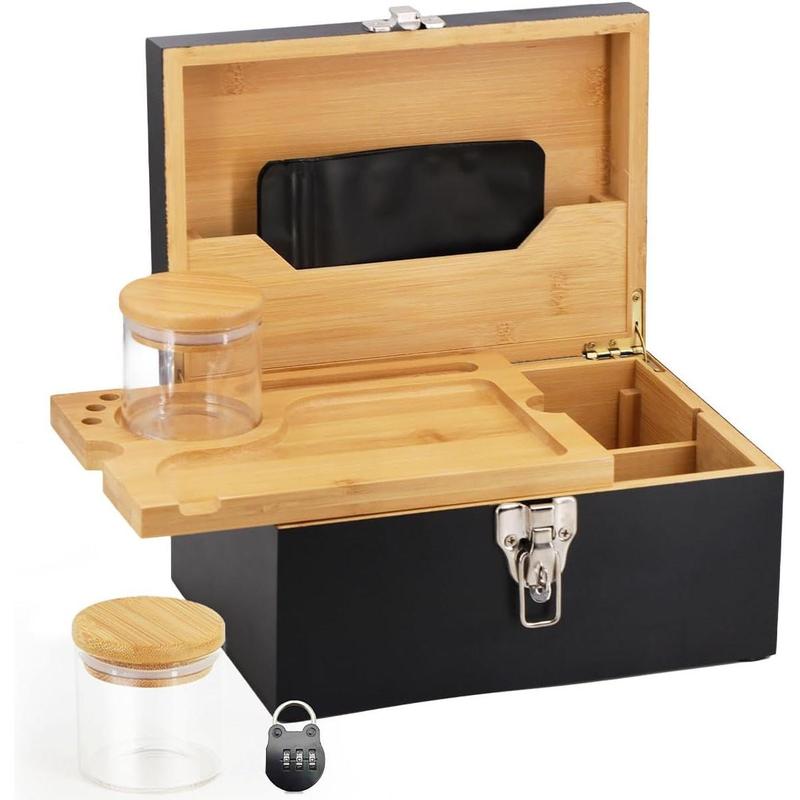 Large  Box with Combination Lock, Decorative Locking Box with Detachable Compartment Lockable Wooden Box for Home Removable Tray and Jars  Gifts for Men