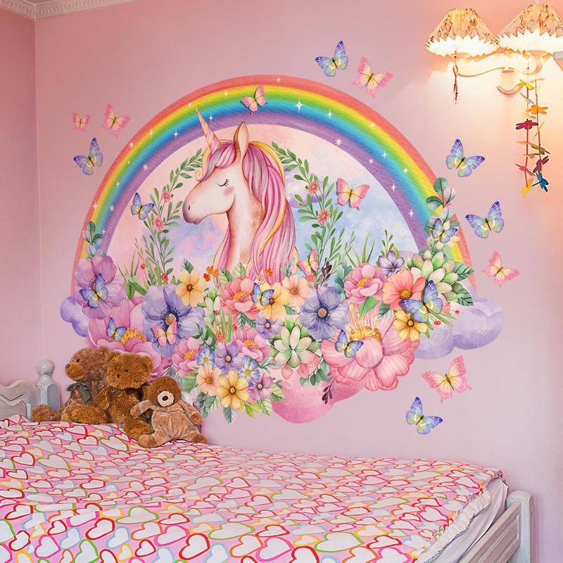 5pcs set Unicorn Rainbow Floral Pattern Wall Sticker, Decorative Sticker For Kids Room Bedroom Living Room, Mean Girls Decorations