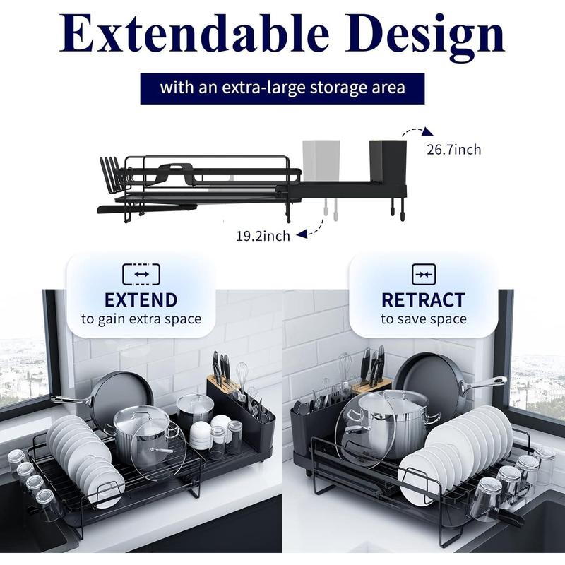 Large Dish Drying Rack - Extendable Dish Rack, Multifunctional Dish Rack for Kitchen Counter, Anti-Rust Drying Dish Rack with Cutlery & Cup Holders 27