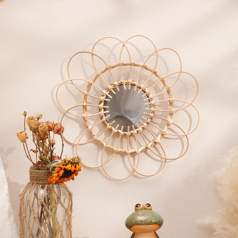 Sunflower Design Wall Mirror, Hollow Out Design Wall Mirror, Handmade Rattan Decorative Mirror, Wall Hanging Mirror for Home Living Room Bedroom