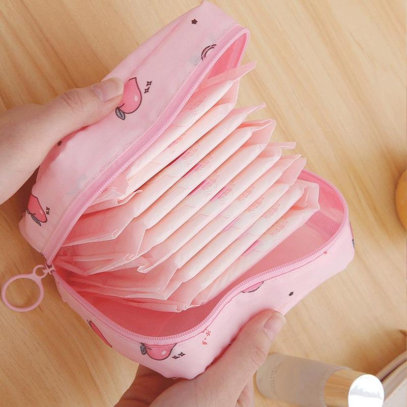 Cute Peach Pattern Sanitary Napkin Storage Bag, Portable Zipper Sanitary Napkin Bag, Sanitary Napkin Organizer Pouch for Women & Girls