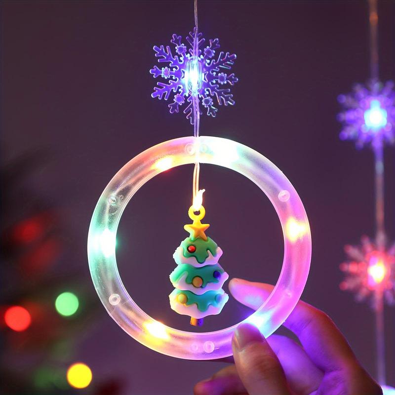 LED Window Curtain Light with Snowflake, USB Operated LED Hanging Ring and Christmas Tree Light with Ornament, Novelty Lighting for Bedroom Wedding Party Wall