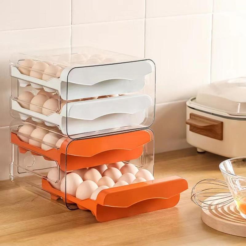 Multifunctional Transparent Refrigerator Egg Box, 1 Count Summer 2-layers Stackable Fridge Egg Holder, Kitchen Accessories 32-grids Plastic Egg Organizer Tray, Home Organizer