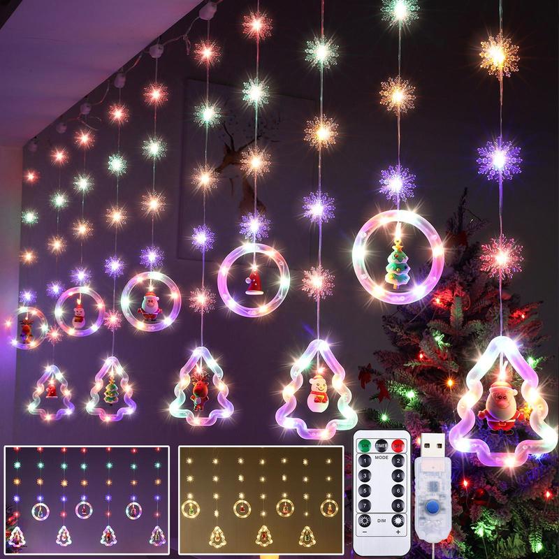 LED Window Curtain Light with Snowflake, USB Operated LED Hanging Ring and Christmas Tree Light with Ornament, Novelty Lighting for Bedroom Wedding Party Wall