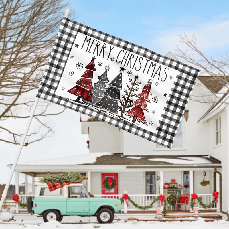 Merry Christmas Tree Flag 3x5 FT Double Sided, Rustic Buffalo Plaid Large House Yard Outdoor Decorative Flag