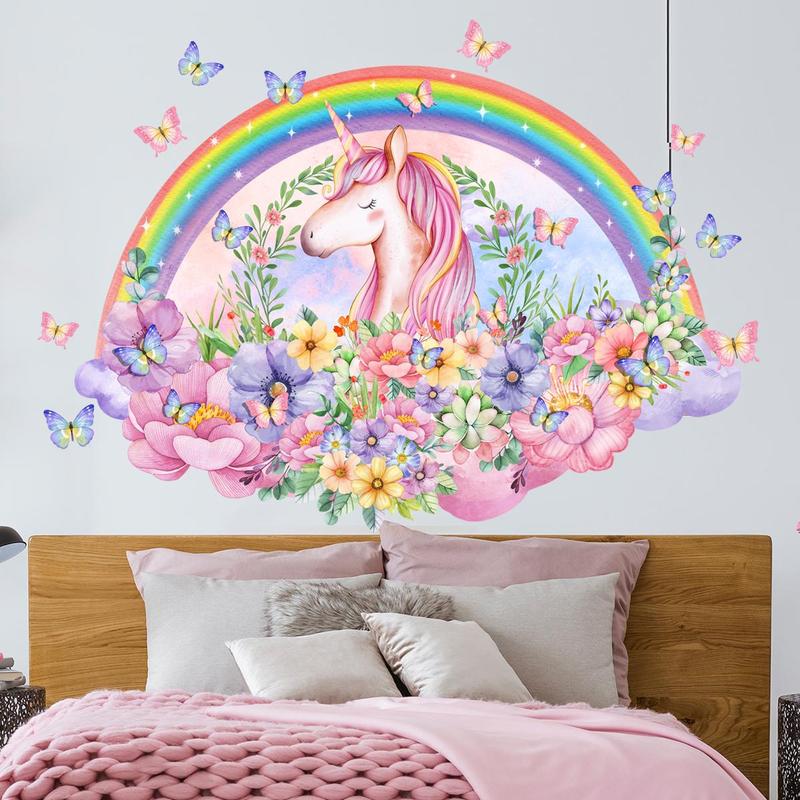 5pcs set Unicorn Rainbow Floral Pattern Wall Sticker, Decorative Sticker For Kids Room Bedroom Living Room, Mean Girls Decorations