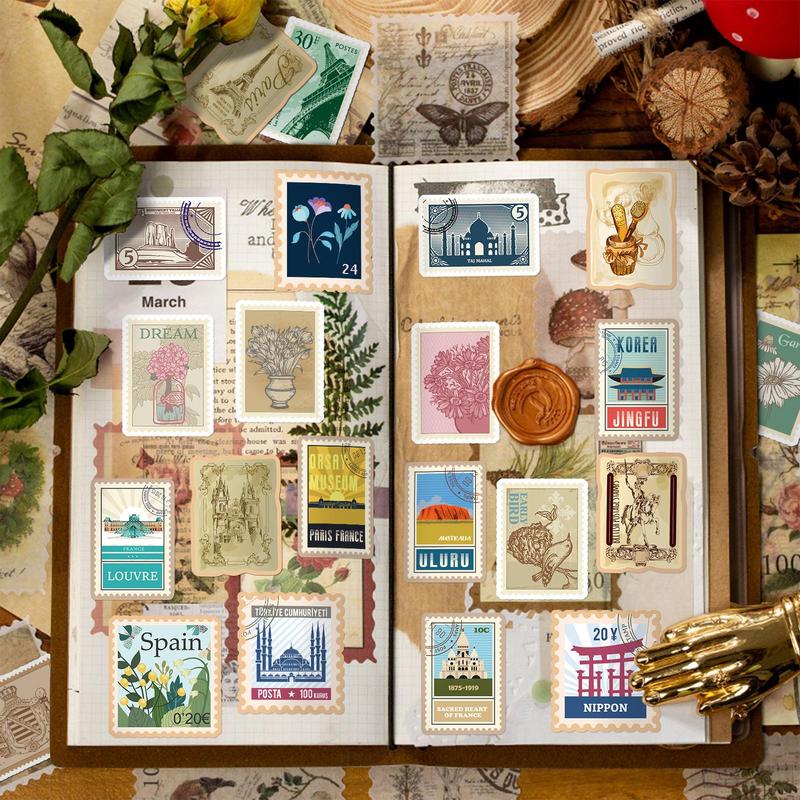 Vintage Stamp Series Decorative Stickers, 100 Sheets set Waterproof Self-adhesive Square Stickers, Office Supplies For DIY Laptops & Water Cups