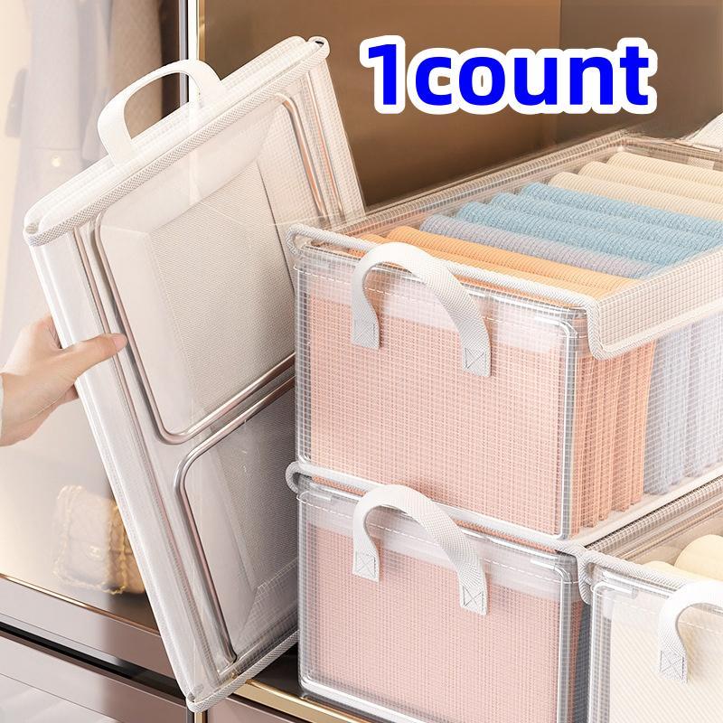 Clear Clothes Storage Box with Handle & Lid, 1 Count Foldable Waterproof Clothes Storage Organizer, Clothes Storage Box for Home Bedroom Wardrobe