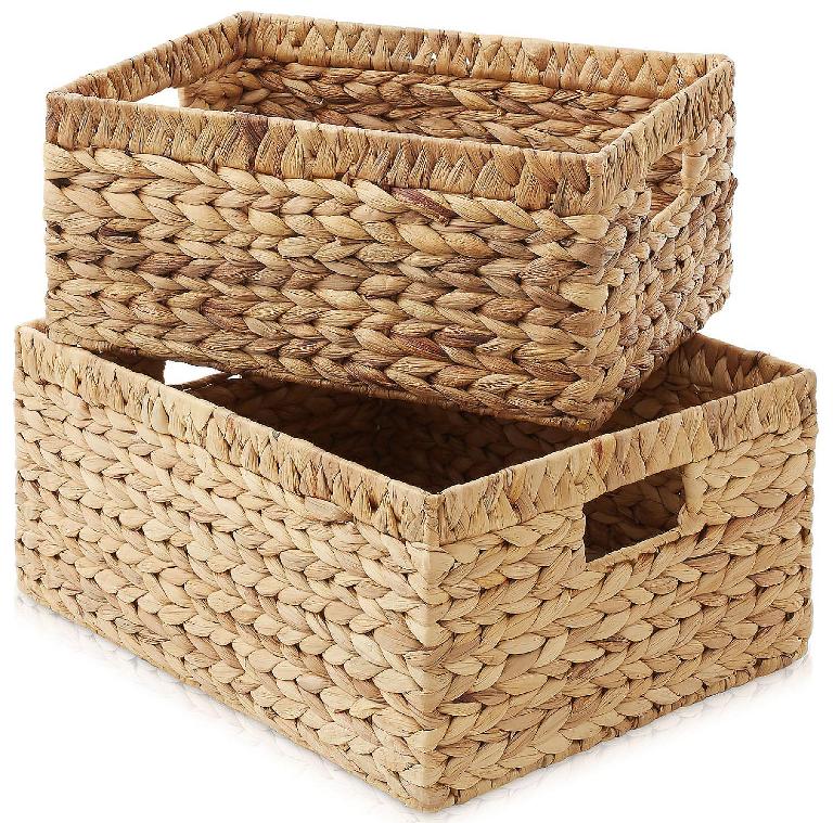 Casafield 2pc Hyacinth Wicker Storage Basket Set Woven Organizer Bins for Shelves, Natural