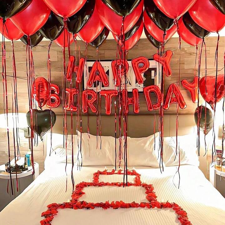 Red Happy Birthday Letter Balloon Set - 39pcs Including Red & Black Latex Balloons, 18