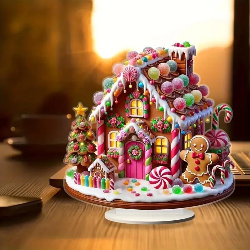 Gingerbread House Design Acrylic Decoration, 1 Count Cute House Shaped Desktop Ornament, Waterproof & Scratch-resistant Tabletop Display for Office Parties & Home