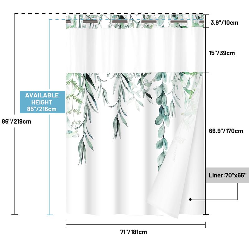 PUNKRAY No Hook Shower Curtain with Snap in Liner - Fabric Waterproof Inner Liner, Plants Watercolor Eucalyptus Leaves Farmhouse Cloth Shower Curtains - Machine Washable, 71 x 74 Inch   71 x 86 Inch