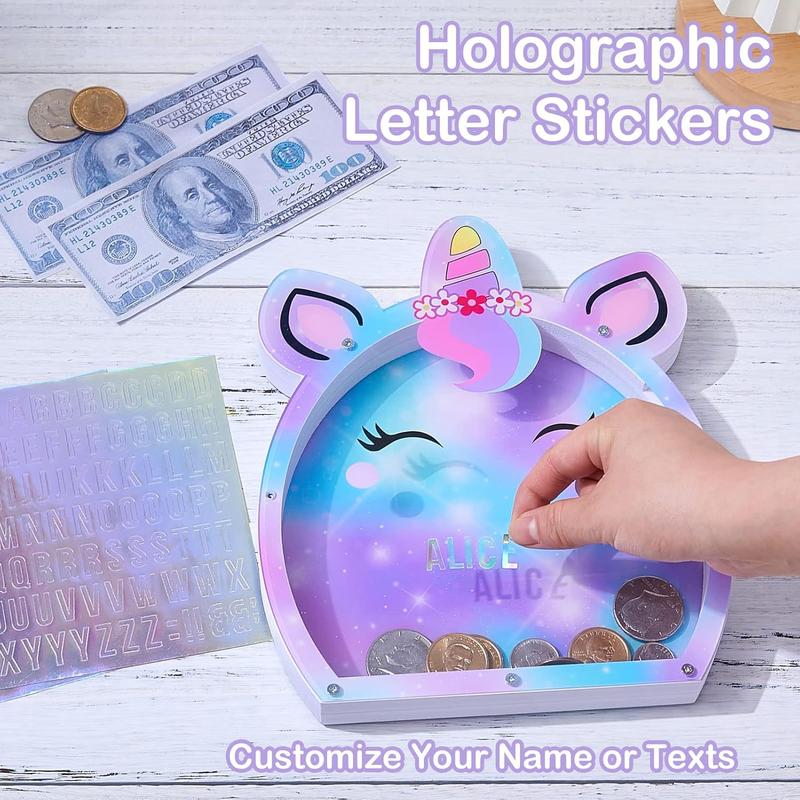 Piggy Bank for  Girls Customize Name  Bank Unicorn Money Bank for Girls, Transparent Piggy Banks for Girls with Letter Stickers