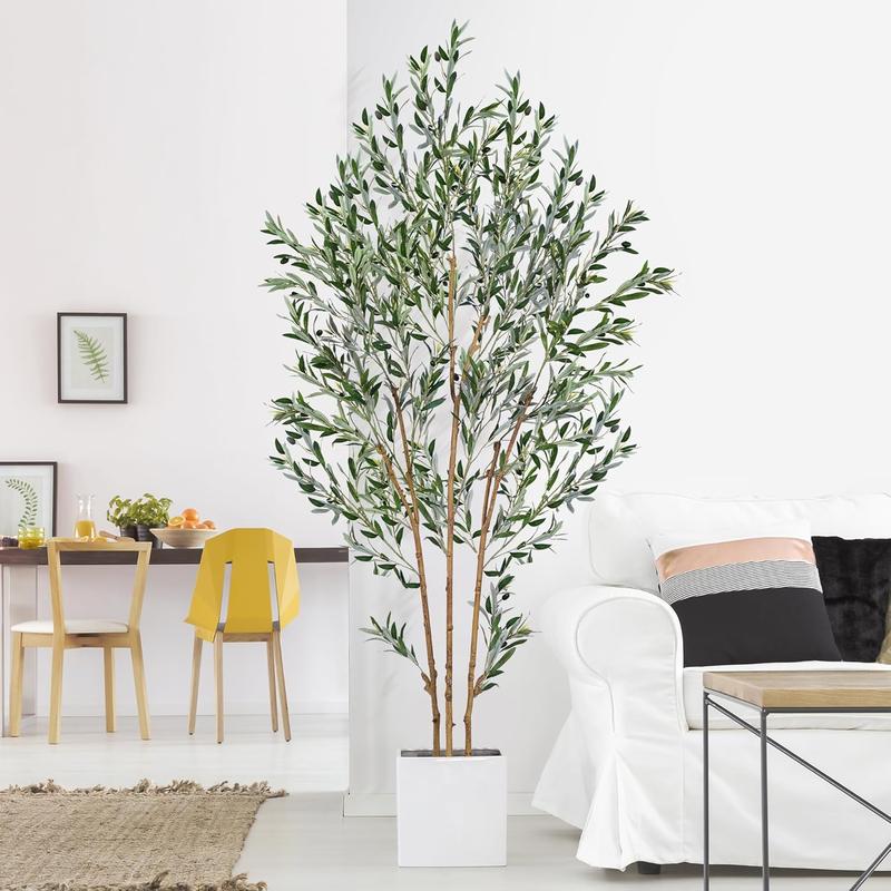 Fluffy 7 FT Artificial Olive Tree, Fake Potted Olive Silk Tree with Branches Leaves and Fruits, Indoors Large Faux Artificial Trees for Home Office Living Room Floor Decor 84in