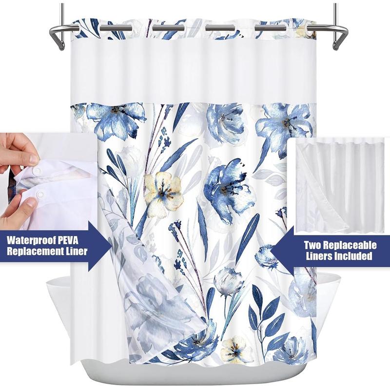 No Hook Shower Curtain with Snap On Shower Curtain Liners Replacement, Hotel Blue Floral Shower Curtain with 2 Liners and See Through Window, Double, Waterproof, Washable, 71