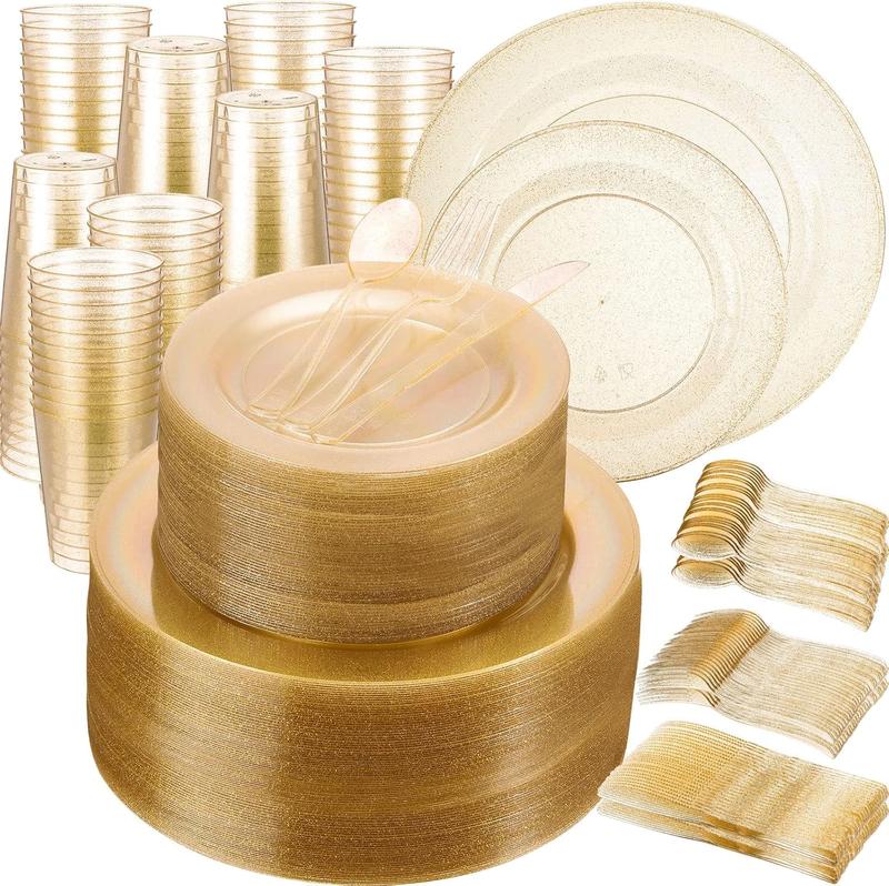 600Pcs Gold Silver Gold Glitter Plastic Tableware for 100 Guests Include 100 Dinner Plates, 100 Dessert Plates,100 Cups, 100 Plastic Cutlery