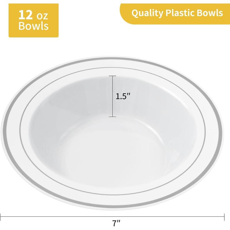 100 Pack Plastic Bowls with  Rim, 12oz Disposable Soup Bowls, Heavy Duty Dessert Bowls for Weddings, Parties, Dinners, Catering, and Everyday Use