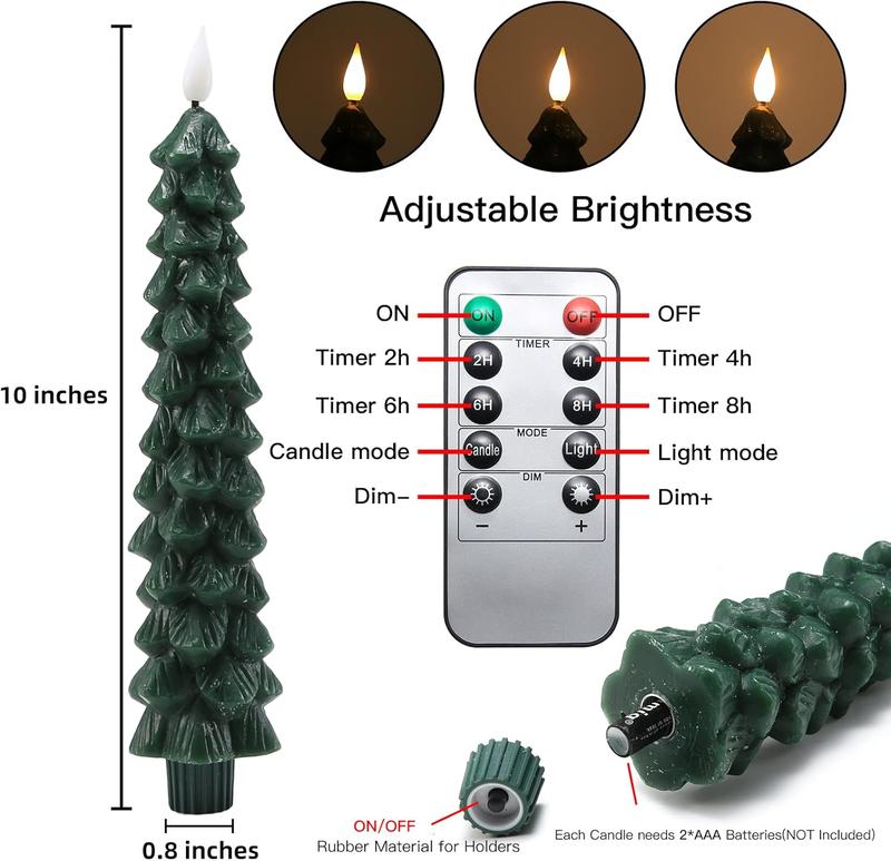 4 Pack Christmas Tree Candles with Remote, Waxy Flameless Taper Candles Flickering for Xmas Fireplace Holiday Party Home Room Decor