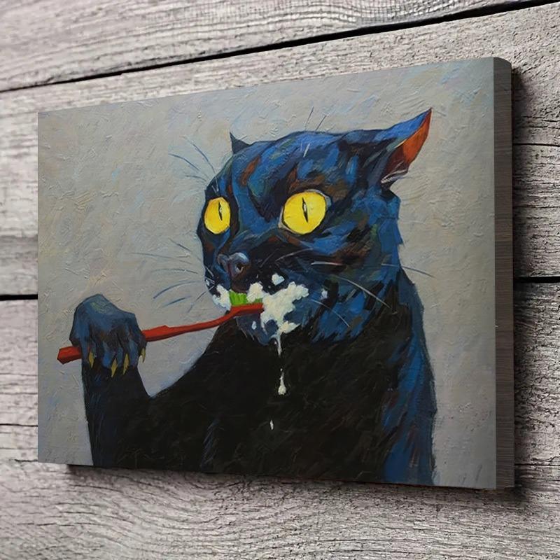 Unique Soul Canvas Poster - No Framed, Vibrant Black Cat Brushing Art Oil Painting Print, Exquisite Gift for Wall Decoration, Perfect for Bedroom, Office, Bar, Kitchen, Restaurant, Enhancing Home and Office Ambiance Ornaments Artistic Photo