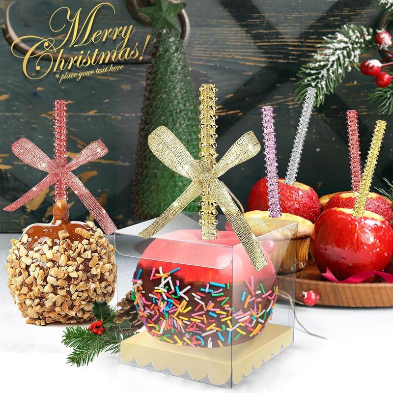 32count Bling Candy Apple Bamboo Sticks,Caramel Apple Wooden Pointed Skewers with Rhinestones Diamond Mesh Wrap,Fruit Treats Bar for Dessert Table Tea Party Birthday Wedding (Gold)