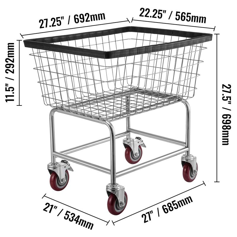 VEVOR Wire Laundry Cart, 2.5 Bushel Wire Laundry Basket with Wheels, 21\'\'x27\'\'x27.5\'\' Commercial Wire Laundry Basket Cart, Steel Frame with Chrome Finish, 4inch Casters, Wire Basket Cart For Lau