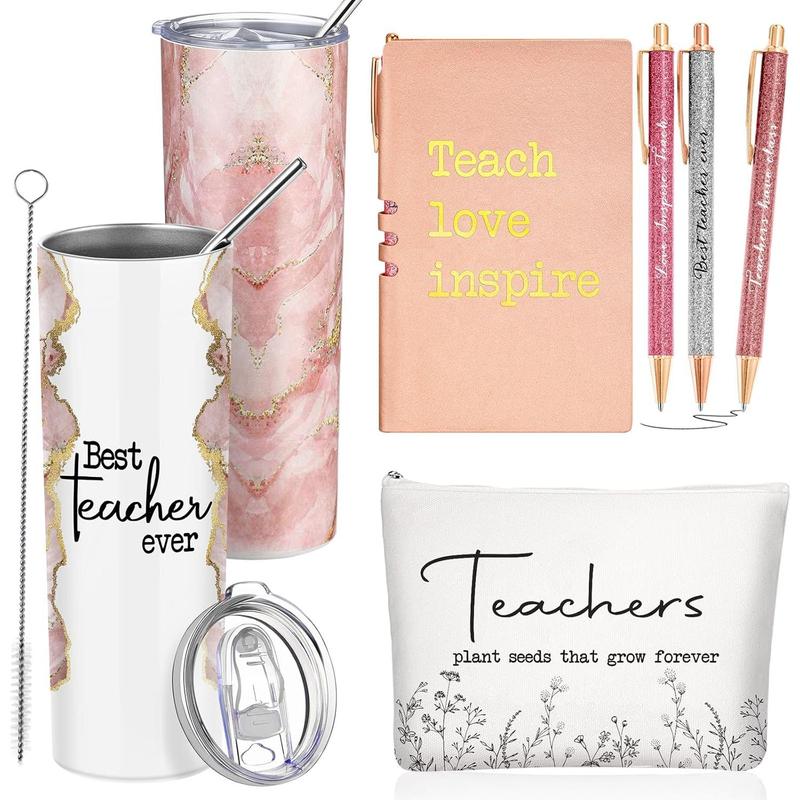 6 count Christmas Teacher Appreciation Gift Set for Women 20 oz Marble Sign Tumbler Inspirational Ballpoint Pen Notebooks with Makeup Bag Christmas Teacher Thank You Gifts(Rose Pink,Teacher)