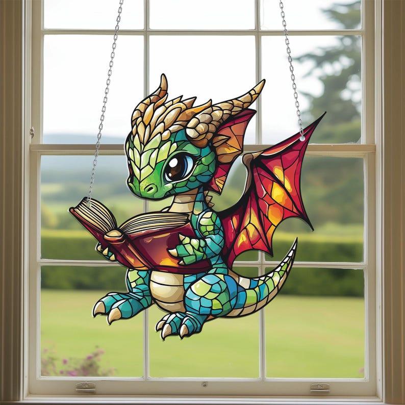 New! Reading Book Dragon Acrylic Window Hanging, Fantasy Dragon Wall Window Hanging Art, Home Ornaments Hangable Decoration