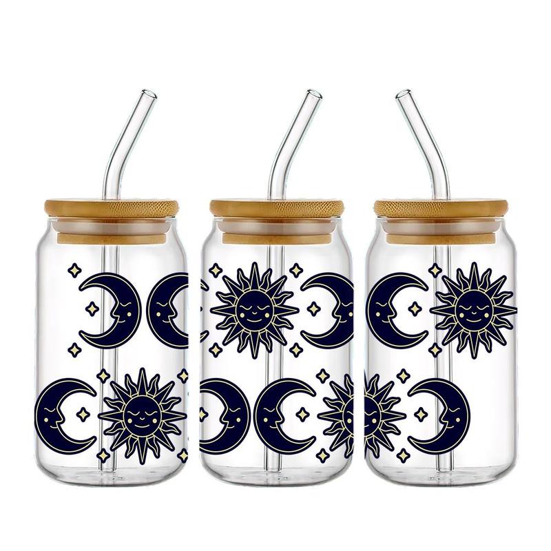 Boho Style Sun & Moon Pattern Decals, 5 Counts set DIY Decorative UV Transfer Stickers for Glass Cup Bottle, Waterproof & Scratch Resistant Sticker