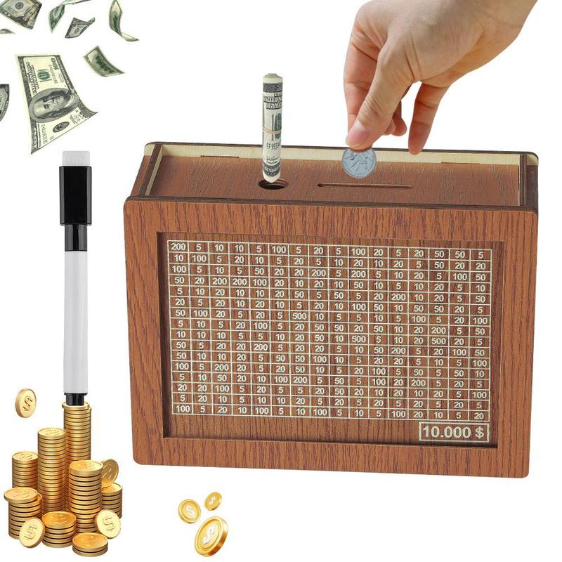 Wooden Money Box, Money Saving Box with Pen, Money Saving Jar, Piggy Bank for Adults & Kids, Gift for Friend