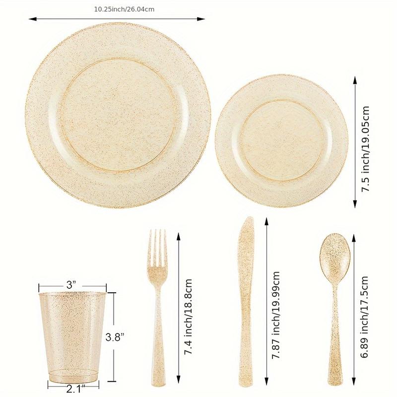 600Pcs Gold Silver Gold Glitter Plastic Tableware for 100 Guests Include 100 Dinner Plates, 100 Dessert Plates,100 Cups, 100 Plastic Cutlery