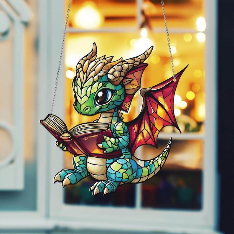 New! Reading Book Dragon Acrylic Window Hanging, Fantasy Dragon Wall Window Hanging Art, Home Ornaments Hangable Decoration