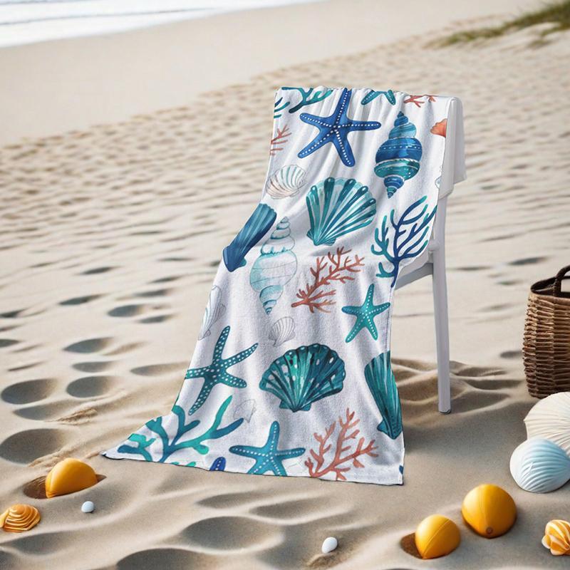 Sea Shell Print Beach Towel, Beach Blanket, Mat, 1 Count Colorful Soft Absorbent Swimming Towel, Fashionable Swimming Pool Towel for Bathroom Vacation Dormitory, Gifts