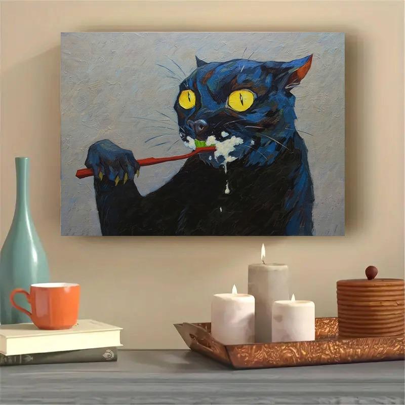 Unique Soul Canvas Poster - No Framed, Vibrant Black Cat Brushing Art Oil Painting Print, Exquisite Gift for Wall Decoration, Perfect for Bedroom, Office, Bar, Kitchen, Restaurant, Enhancing Home and Office Ambiance Ornaments Artistic Photo