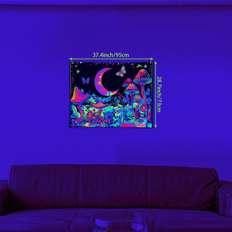 Mushroom & Moon & Butterfly Pattern Tapestry, 1 Count UV Reactive Fluorescent Tapestry, Neon Light Effect Wall Hanging Blanket for Bedroom & Living Room