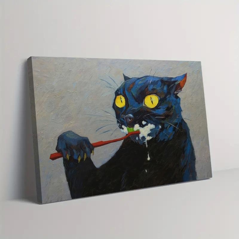 Unique Soul Canvas Poster - No Framed, Vibrant Black Cat Brushing Art Oil Painting Print, Exquisite Gift for Wall Decoration, Perfect for Bedroom, Office, Bar, Kitchen, Restaurant, Enhancing Home and Office Ambiance Ornaments Artistic Photo