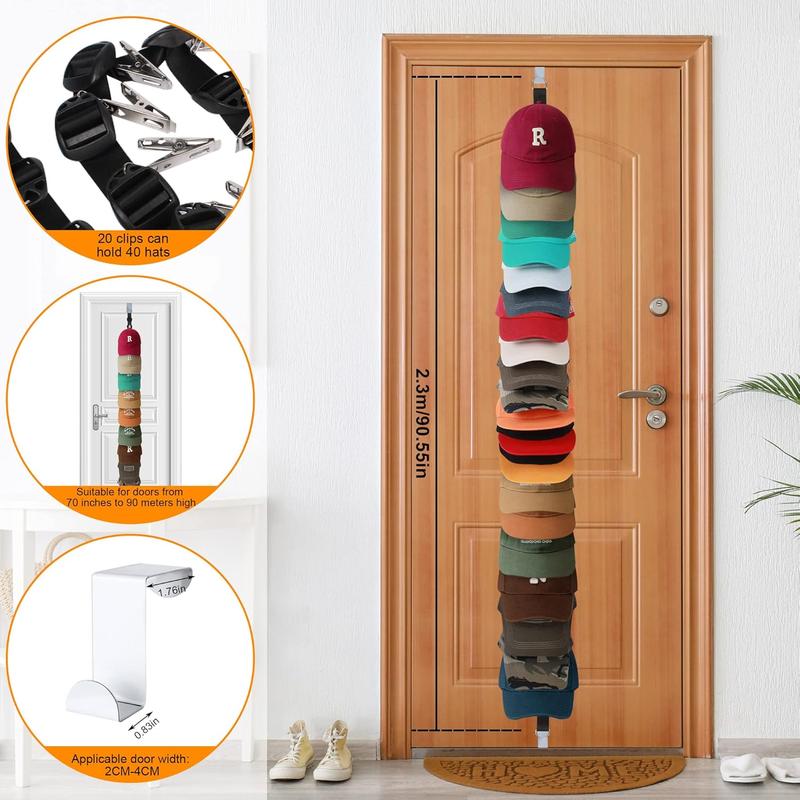 Hat Rack for Baseball Caps Hat Organizer Holder for Over The Door &Wall , 20 Clips Holds Up to 20-40 Caps, Hat Storage for Closet, Baseball Cap Rack for Wall Hanger, for Winter Beanie & Accessories