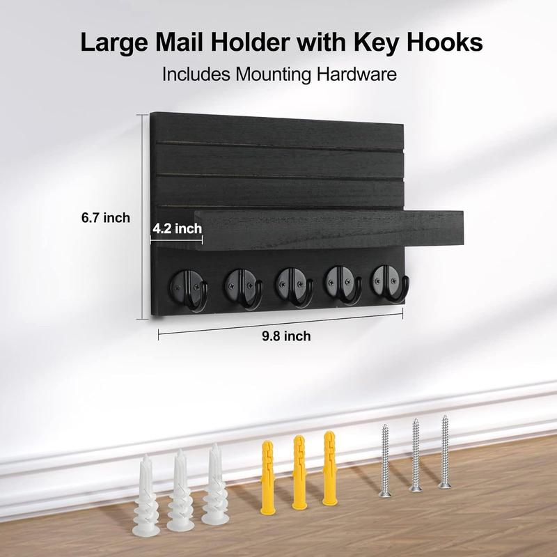 Key Holder for Wall, Decorative Key and Mail Holder with Shelf Has Large Hooks for Bags, Coats, Umbrella – Paulownia Wood Key Hanger with Mounting Hardware (9.8