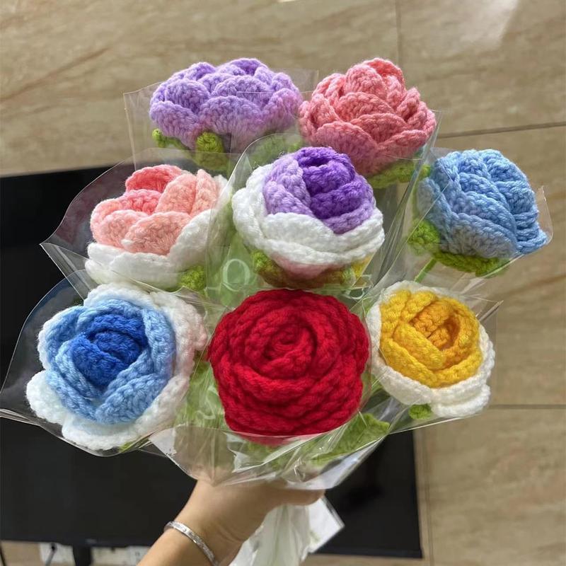 8 count Hand-Woven Roses,Knitting Crochet Flower Bouquet,Crochet Handmade Red Rose Artificial ,Wedding Decor Suitable for Anniversaries Celebrations Birthday Gift,Multicolor