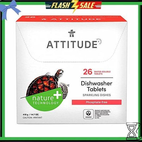 ATTITUDE Dishwasher Pods, Naturally Derived Dishwashing Detergent, Vegan and Plant-Based Dish Soap Tablets, Phosphate Free, Unscented, 26 Count