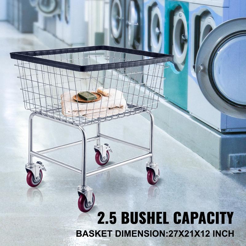 VEVOR Wire Laundry Cart, 2.5 Bushel Wire Laundry Basket with Wheels, 21\'\'x27\'\'x27.5\'\' Commercial Wire Laundry Basket Cart, Steel Frame with Chrome Finish, 4inch Casters, Wire Basket Cart For Lau